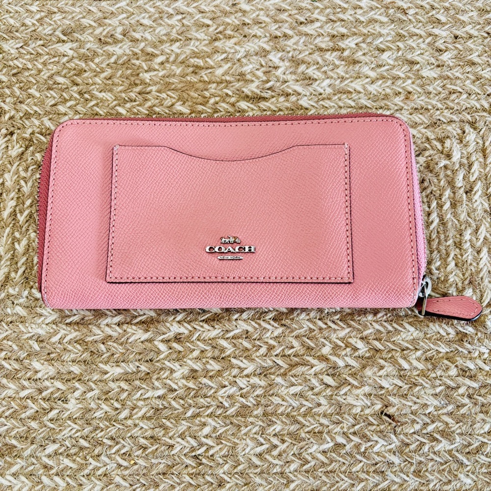 Coach Pink Saffiano Zip Wallet with Exterior Card Slot